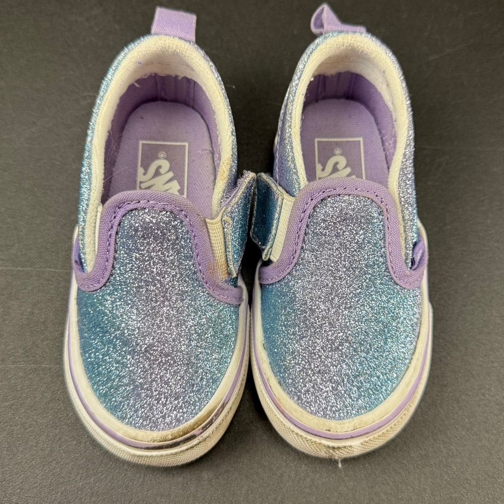 Vans Kids Toddler Slip On V Glitter Shoes Blue Purple Sneakers‎ Size 6 T